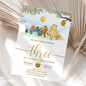 Convite EDITÁVEL clássico do Urso Pooh para terceiro aniversário, convite de terceiro aniversário, festa de aniversário do Winnie The Pooh Blue Wagon, download digital JT2570