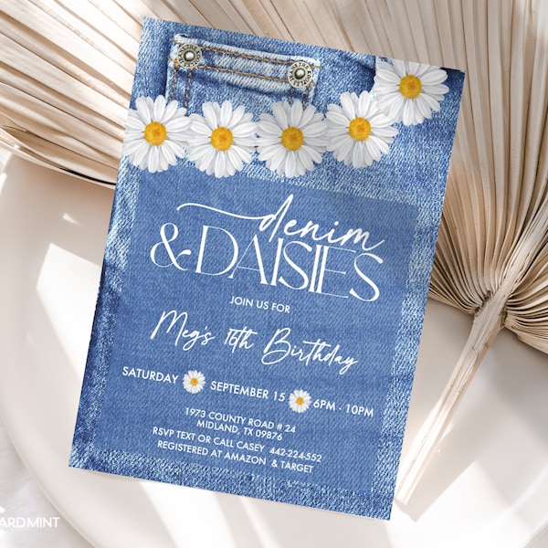 Editable Denim & Daisies Birthday Denim Jeans Summer Party Invitation Daisy Invite, Daisy Flower Boho 90's Template Download JT1346