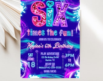 Sequin Glitter 6th Birthday Party Invitation, Six Times the Fun Rainbow Glow Editable Digital Evite Downloadable Template JT3020