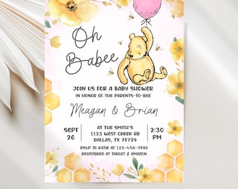 Winnie the Pooh Baby Shower Invitations, Oh Babee Honeycomb Design, Pink Baby Editable Printable or E-vite Digital Template JT1991