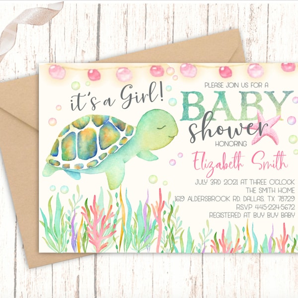 EDITABLE Sea Turtle Under The Sea Baby Shower Invitation, Watercolor Design It's a Girl Shower or Sprinkle Digital Download File JT1962