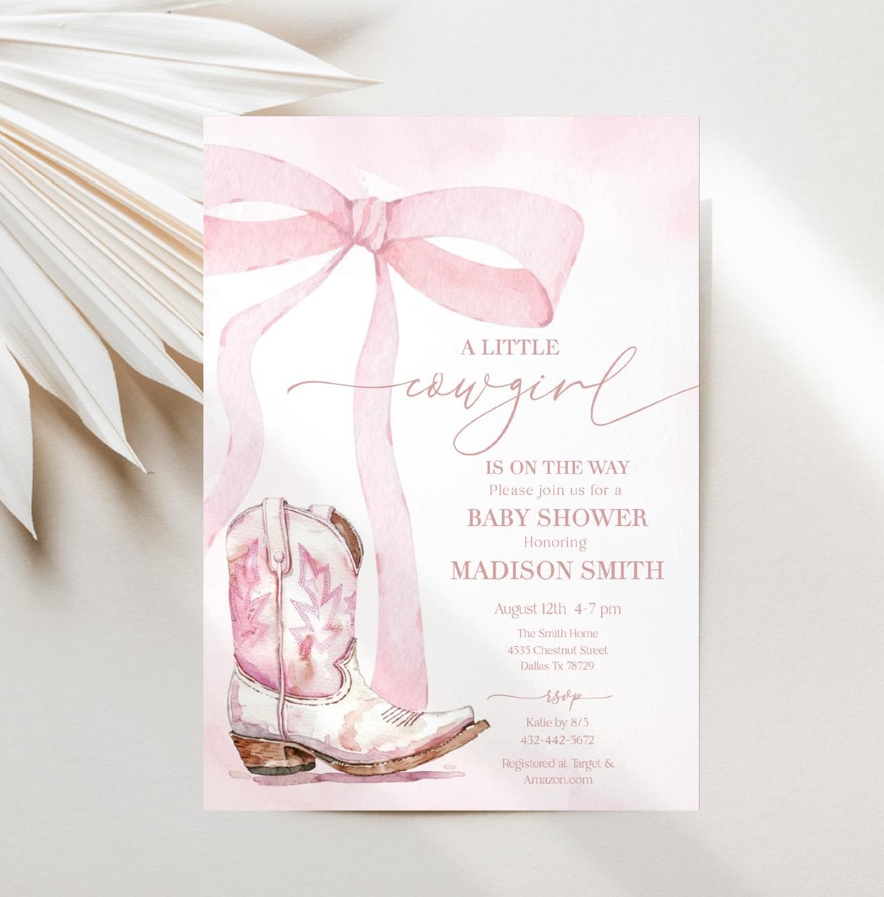 Editable A Little Cowgirl Baby Shower Invitation, Baby Girl Shower, Pink Bow and Cowgirl Boot Invite, Its a Cowgirl Digital Template JT1466