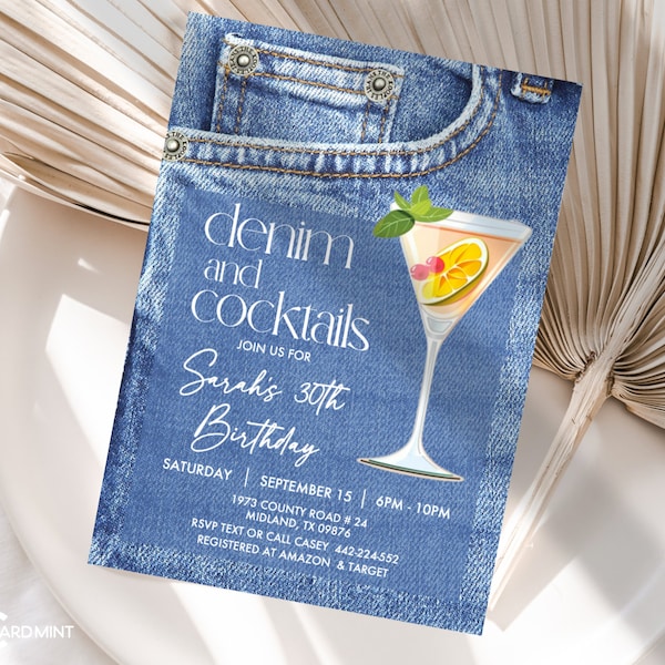 Editable Adult Birthday Denim and Cocktails Summer Party Invitation Blue Jeans Invite, Boho 90's Template Download JT1332