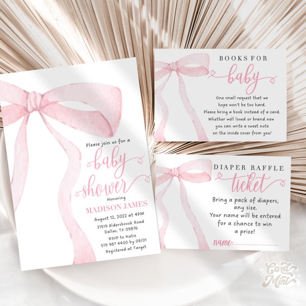 BEWERKBARE Pink Bow Baby Shower Uitnodiging Set, Baby Girl Shower, Baby Sprinkle Invite, Soft Delicaat Roze Pastel Lint Digitale JT3023 SET