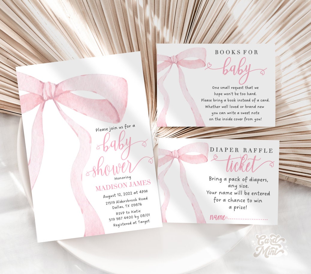 EDITABLE Pink Bow Baby Shower Invitation Set, Baby Girl Shower, Baby ...