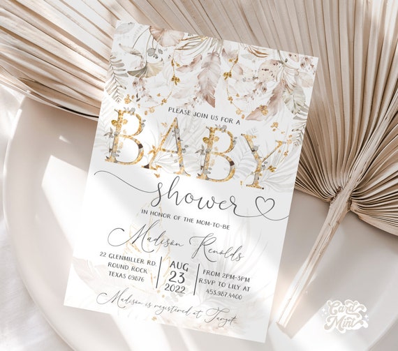 EDITABLE Pampas Grass Baby Shower Invitations, Boho Gender Neutral