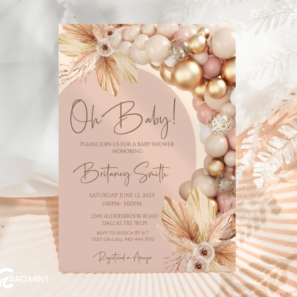 EDITABLE Baby Shower Girl Balloon Arch Invitations, Oh Baby, Shower Baby Girl, Gold, Pink and Tan Pampas Grass Digital Template JT0015