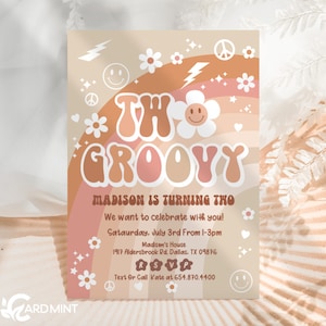 EDITABLE Two Groovy Birthday Party 2nd Birthday Invitations Second Rainbow Retro, Daisy Smile Boho 70&#39;s Hippie Digital Template JT3102