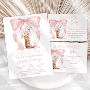 Puede incluir: Juego de invitaciones para baby shower con diseño de acuarela. La invitación presenta un lazo rosa, botas de vaquero y detalles florales. Incluye un boleto de rifa de pañales y una tarjeta de solicitud de libro.