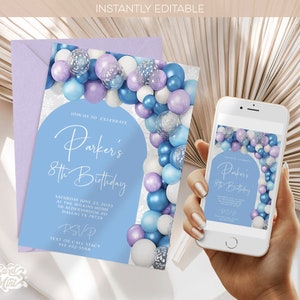 Editable Birthday Invitations Purple Teal Blue Balloon Arch Winter Birthday Party Invite Snowflakes Wonderland Party Digital Download JT5561