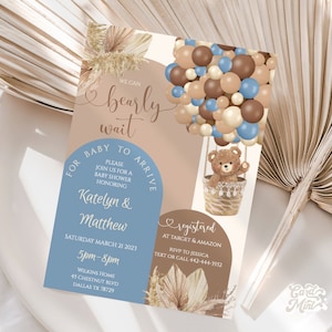 MODIFICABILE Invito Bearly Wait Arch, Baby Shower Balloons Invita Baby Boy Mongolfiera blu Beige crema, marrone chiaro, tutto orsacchiotto marrone JT81