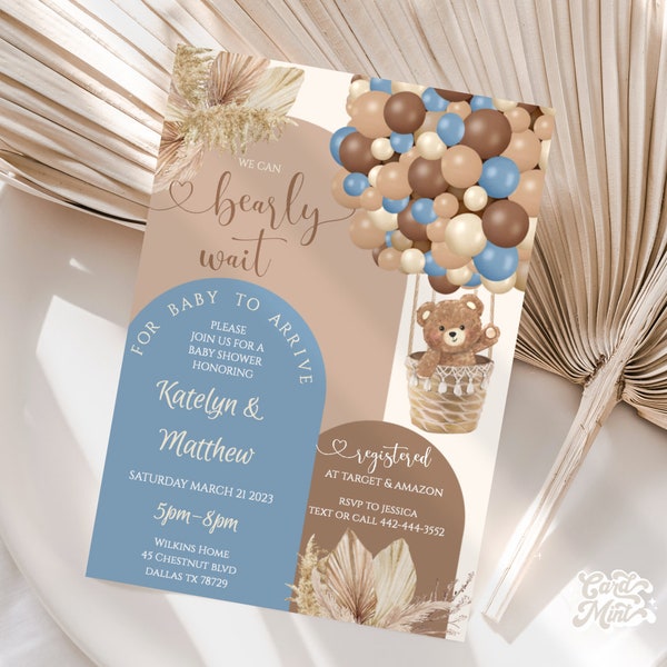 MODIFICABILE Invito Bearly Wait Arch, Baby Shower Balloons Invita Baby Boy Mongolfiera blu Beige crema, marrone chiaro, tutto orsacchiotto marrone JT81