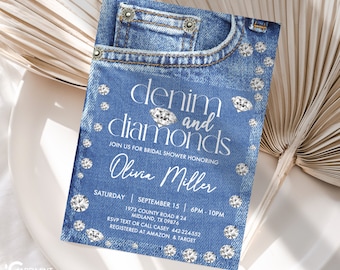 Bearbeitbare Denim und Diamanten Brauteinladungen Blaue Jean Brautparty lädt Hennen Landhochzeits-Digital-Vorlage ein JT1335