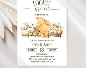 Locally Grown Pooh Bear Baby Shower Invitation, Winnie The Pooh & Pumpkins Digital Download JT2177