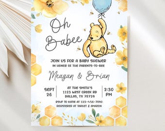 Winnie the Pooh Baby Shower Invitations, Oh Babee Honeycomb Design, Blue Baby Editable Printable or E-vite Digital Template JT1992