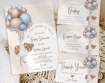 May include: A baby shower invitation with a brown and blue balloon theme. The invitation features a teddy bear in a basket with balloons and the text "We can barely wait, Join us for a Baby Shower, Honoring Kaley Lanson".