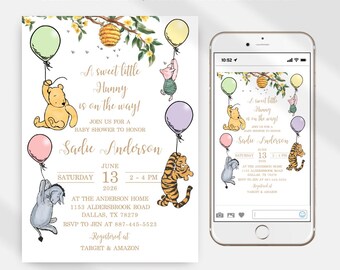 Winnie the Pooh & Friends Baby Shower Invitations, Editable Digital Download Template JT1975
