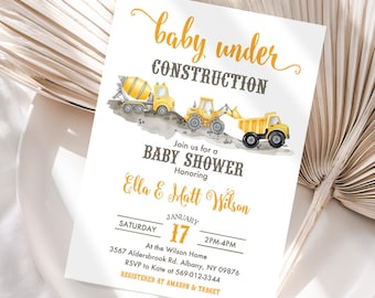 Construction Baby Shower Invitation, Yellow Trucks, Under Construction, Editable Digital Instant Download Template JT1865