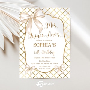 Editable Gold Bow Quinceañera Invitation Mis Quince Anos Birthday Invite, Sweet 15 Party Digital Instant Download Template JT1783