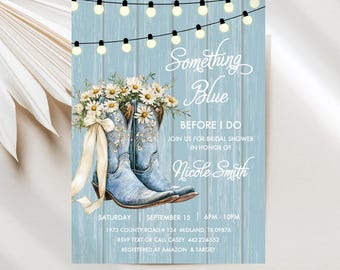 Something Blue Bridal Shower Invitations, Western Style Cowgirl Boots and Daisies JT1985