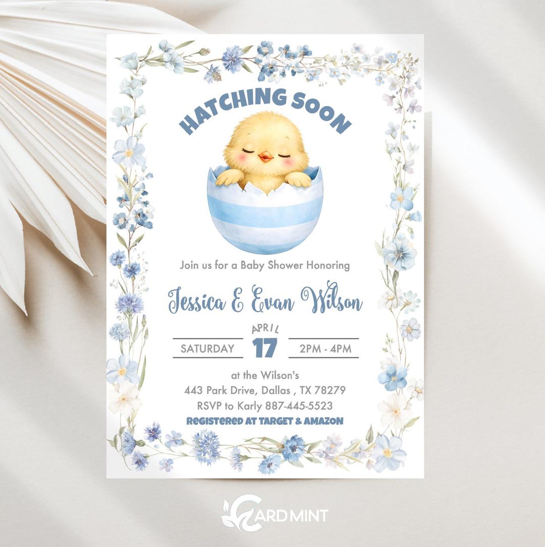 Hatching Soon Baby Shower Invitation, Spring Chick and Blue Wildflowers ...