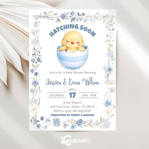 Hatching Soon Baby Shower Invitation, Spring Chick and Blue Wildflowers Editable  Digital Template JT1983