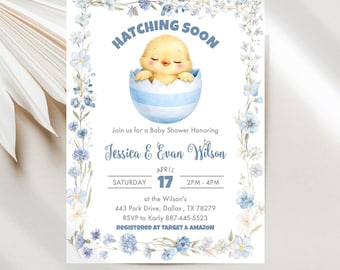 Hatching Soon Baby Shower Invitation, Spring Chick and Blue Wildflowers Editable  Digital Template JT1983