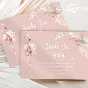 Bewerkbare boekverzoekkaarten Babyshower flamingo, neem een boek mee invoegen beige pampagras digitale sjabloon BR4009