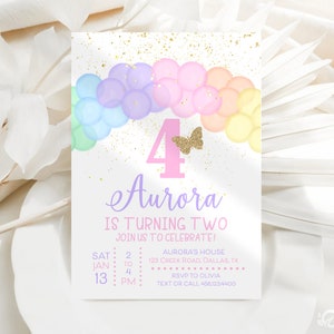 Faire-parts d'anniversaire pastel arc-en-ciel modifiables, arche de ballons, saupoudrer une douce fêtarde à tout âge, joli modèle numérique JP168
