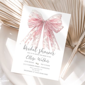 Editable Pearl Bow Bridal Shower Bachelorette Hens Invitaciones, Pink Bow Wedding Shower Plantilla imprimible digital Descargar elegante JT1273