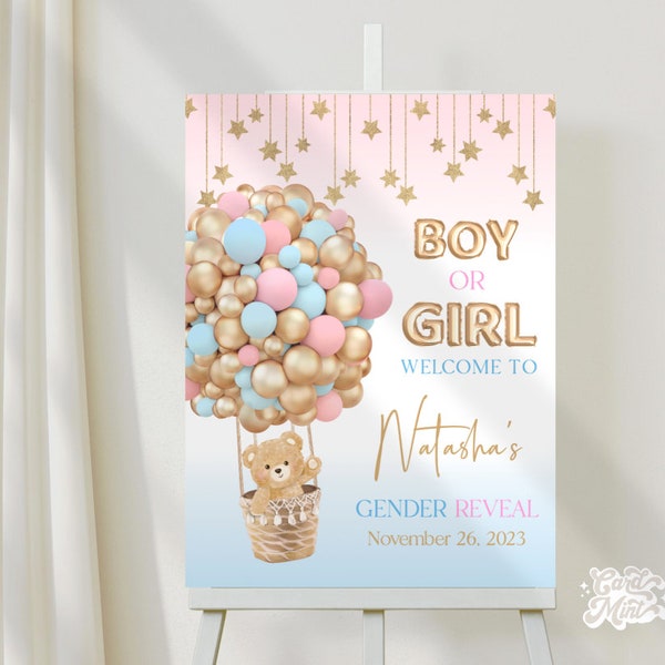 Editable Welcome Gender Reveal Teddy Bear Party Sign Hot Air Balloon Baby Shower Poster Backdrop Digital Boho Bearly Wait Cute Decor Sign