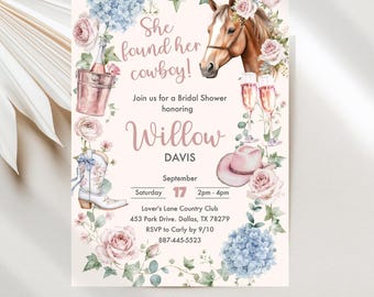 Cowgirl Bridal Shower Invitations, Champagne, Horse & Roses, Editable Digital Template JT2181