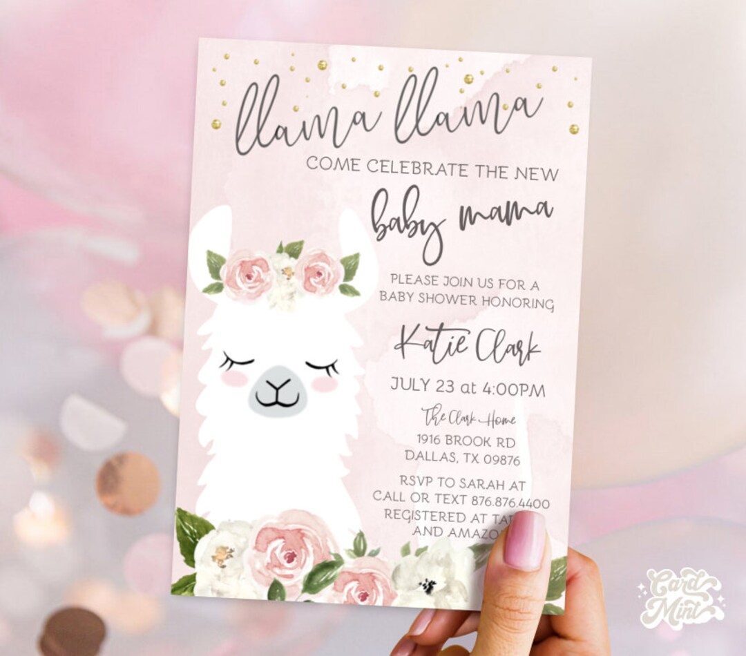 EDITABLE Llama Baby Shower Invitations, New Mama Pink and White Floral ...