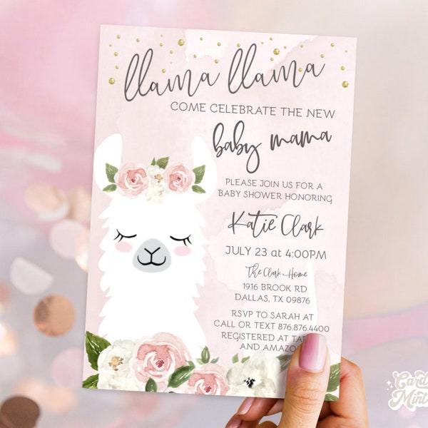 EDITABLE Llama Baby Shower Invitations, New Mama Pink and White Floral Baby Shower Invites, Llama and Flowers Digital Download JT1969
