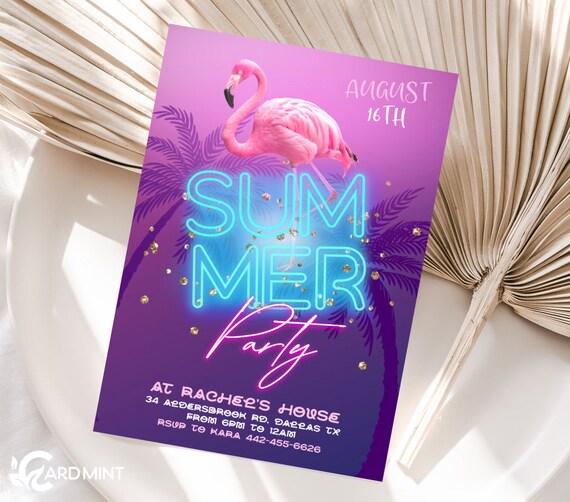 Editable Summer Party Invitations, Pink Flamingo Tropical Palm