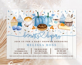 May include: A baby shower invitation with a watercolor design. The invitation features desserts and diapers, with illustrations of cupcakes, coffee, donuts, and pumpkins. The text includes the event details, such as the date, time, and location.