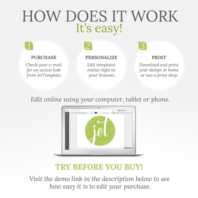 May include: A green and white graphic showing how to use a digital template. The graphic shows three steps: purchase, personalize, and print. The graphic also shows a laptop screen with a mockup of a template that says "Edit with Jet Template".