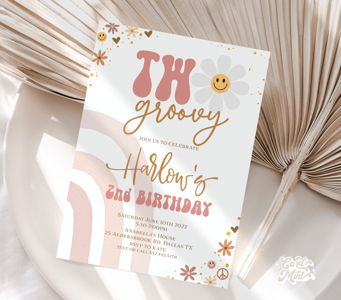 EDITABLE Two Groovy Birthday Party Invitation 2nd Birthday Retro Invite Daisy Flower Power Boho 70s Hippie Neutral Digital