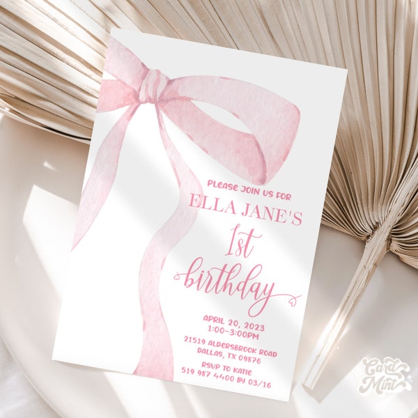 EDITABLE  Pink Bow Birthday Invitation, Soft Pastel Pink Ribbon, Any Age Digital Download JT3126