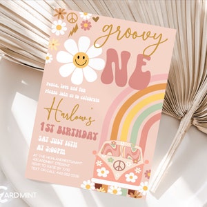 EDITABLE First Birthday Groovy One Birthday Party Invitations 1st Retro Hippy Bus Invites, Daisy Smiley Face Boho 70's Hippie Van JT240