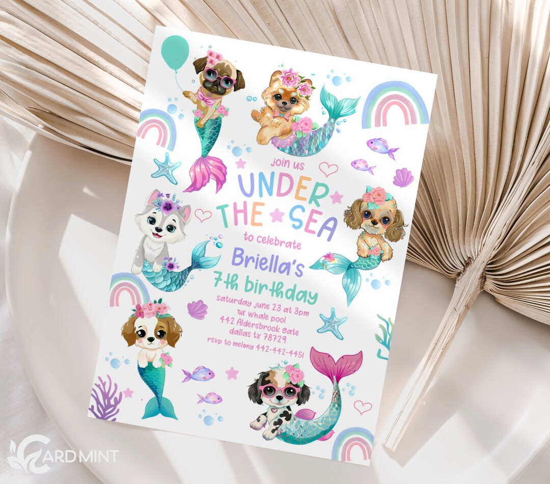 Editable Mermaid Puppies Birthday Invitation Purple Aqua Pink Whimsical Mermaid Under the Sea ...