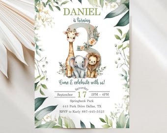 Safari 3rd Birthday Invitations, Wild Jungle Boy Digital Download Template JT2150