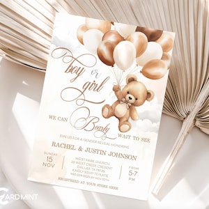 Festa di rivelazione del sesso modificabile, inviti Bearly Wait Baby Shower Mongolfiere Invito Bambino o Bambina Orsacchiotto Modello digitale JT127