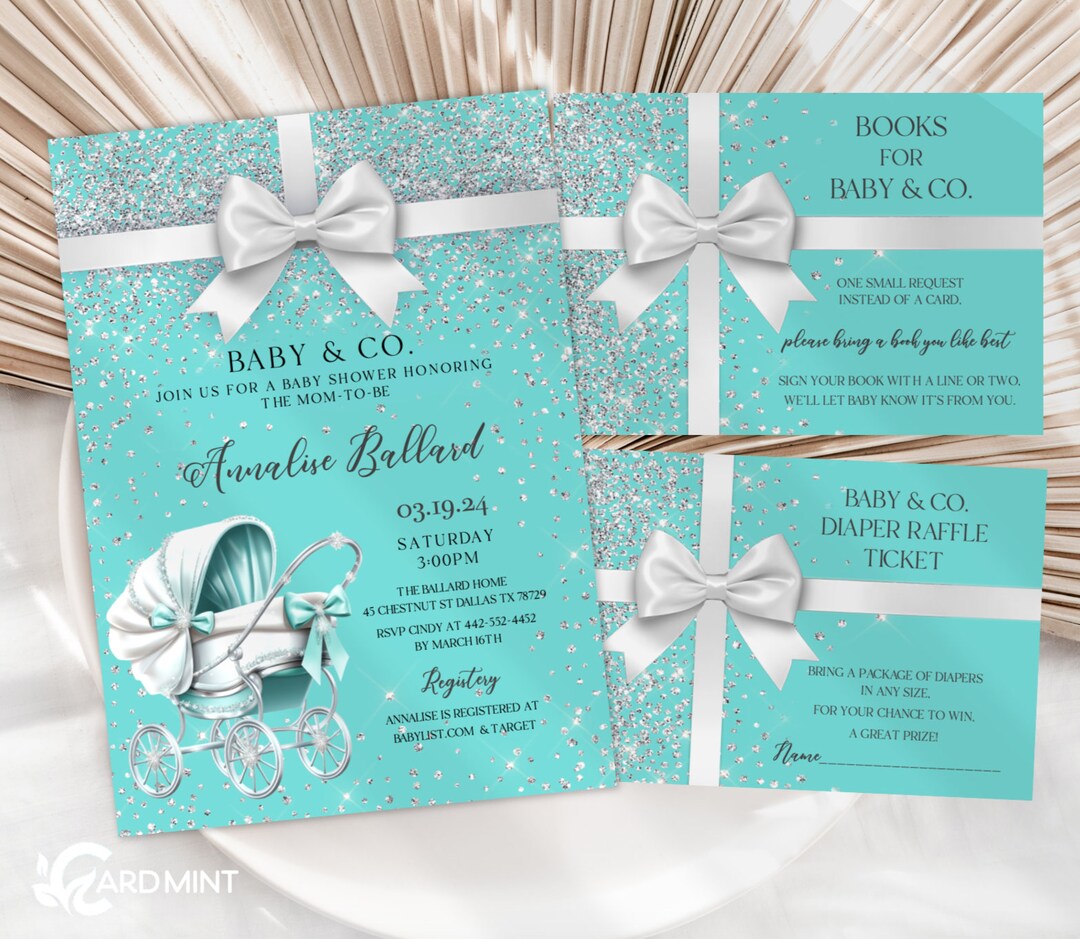 EDITABLE Blue Baby Shower Invitation Set of 3 Paris Baby Carriage White