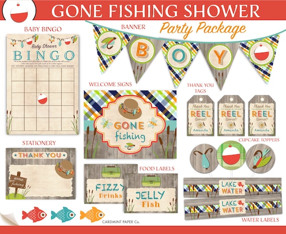Fishing Baby Shower Party Bundle, Includes Editable Invitation, Boy Co-ed Gone  Fishing Couples Shower Rustic Country Package, Digital JT873 