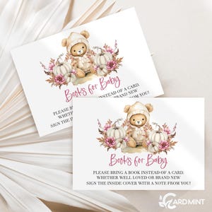 Cartes de demande de livre modifiables Baby shower automne ours en peluche, apportez un hors-texte modèle numérique à téléchargement immédiat BR1482