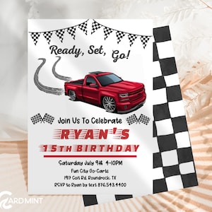 Invitaciones de cumpleaños editables para camionetas, diseño de camioneta roja, plantilla digital para camioneta Chevy de carreras de cualquier edad JT8221