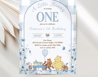 Winnie the Pooh 1st Birthday Invitations, Pooh & Friends Turning ONE Editable Digital Download JT1990