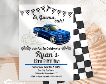 EDITABLE Truck Birthday Invitations, Blue Truck Design, Racing Dropped Chevy Truck Any Age Chev Pickup Digital Template JT8225