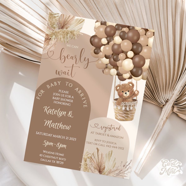 MODIFICABILE Invito arco Bearly Wait, invito palloncini Baby Shower, neonato o ragazza beige neutro, crema, marrone chiaro, tutto orsacchiotto marrone JT80